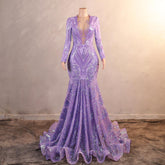 Lilac Purple Maxi Sequins Long Sleeves Mermaid Formal Prom Evening Dress EN5807
